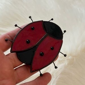 Stained Glass Lady Bug Sun Catcher Wall, Window Decor Good Luck Charm 3x3 signed